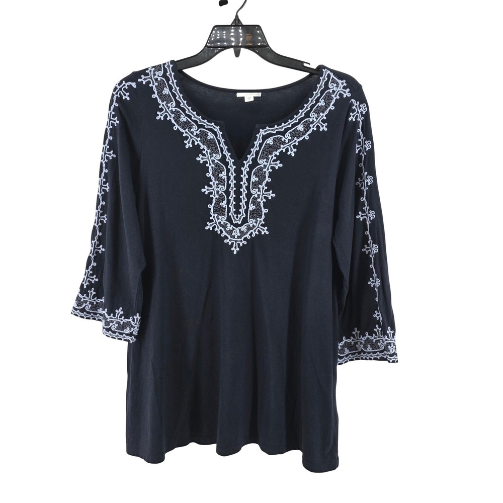 J. Jill Womens Navy Blue Embroidered Split Neck 3/4 Sleeve Knit Top Size M
